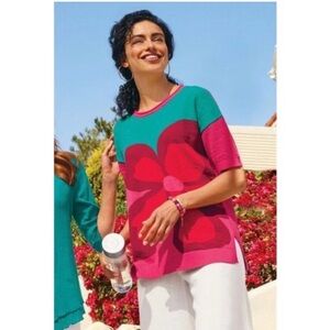 Soft Surroundings Short Sleeve Knit Sweater Top Color Block Flower Biosphere XL